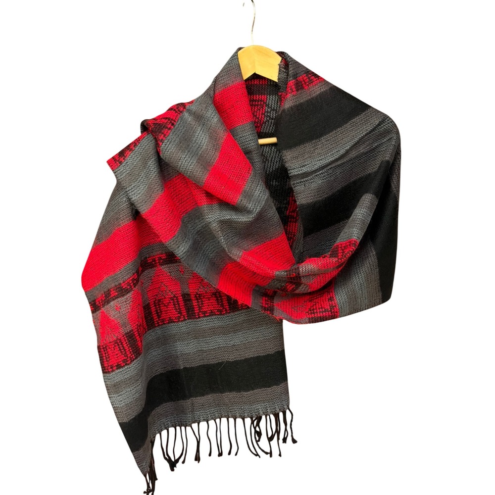 Vintage Cashmino Woven Scarf Red Black Grey Striped Goth Grunge Punk Wrap Shawl